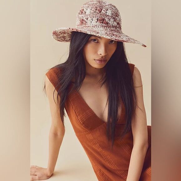 NWT FREE PEOPLE X LUSANA BOCA WIDE BRIM SHADE HAT MOCHA - Picture 1 of 2
